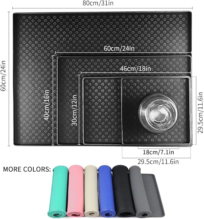 Ptlom Silicone Pet Placemat for Dog and Cat, Waterproof Anti-Slip Pet Feeding Bowl Mats for Food and Water, Small Medium Large Tray Mat Prevent Residues from Spilling to Floor, Black, 31.5" 23.6"