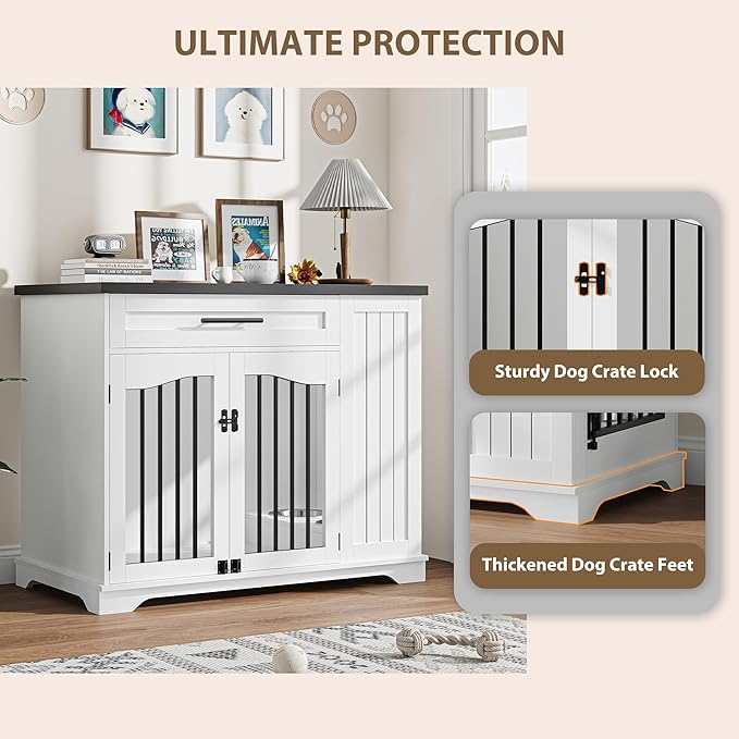 Furniture Style Dog Crate for Large Dogs, 44 Inch Heavy Duty Wooden Dog Kennel Furniture with Drawer & Side Storage and Bulit-in Feeding Station,White Set of 2