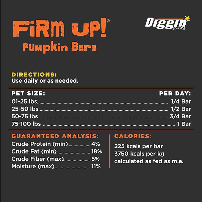 Diggin' Your Dog Firm Up Bars for Dogs & Cats, 100% Made in USA, Pumpkin Powder Bars for Dogs, Digestive Support, Apple Pectin, Fiber, Healthy Stool, 6 Count