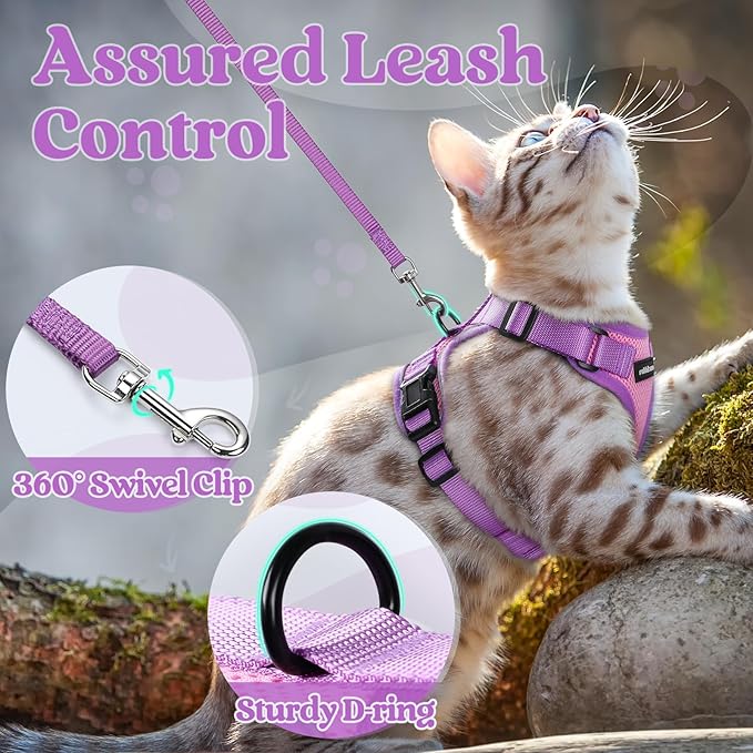 rabbitgoo Cat Harness and Leash Set, Escape Proof Soft Adjustable Vest Harnesses for Outdoor Walking, Easy Control Breathable Kitten Jacket with Reflective Strips, Pink & Purple, XXS