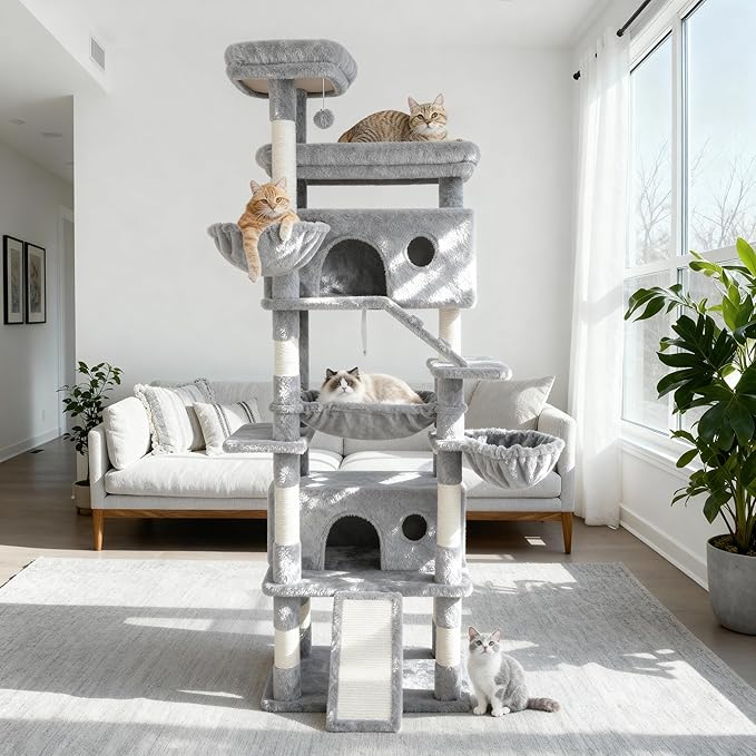 Cat Tree, 80-Inch Large Cat Tower with 9 Scratching Posts, 2 Perches, 2 Caves, 2 Basket, 2 Stairs, Extra Large Hammock, Pompoms, Multi-Level Plush Cat Condo for Indoor Cats/Light Grey