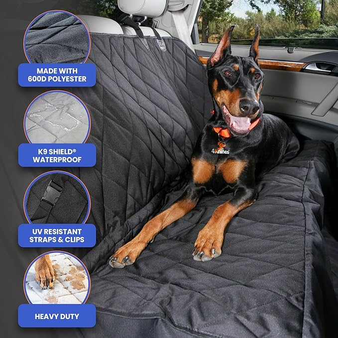 4Knines Dog Backseat Cover with Hammock for Cars, SUVs, and Trucks – Waterproof Layers, Nonslip Seat Protector, Durable Nylon Clips, K9 Shield with Heavy Duty Thread, (Regular, Grey)