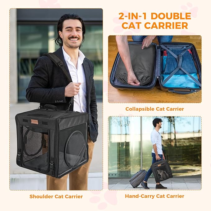 PETUX 2-in-1 Double Cat Carrier for Multiple Cats - 34"x17"x17", Portable, Foldable, Large Cat Travel Carrier with Litter Box, Play Tunnels and Hammock for Car Travel ＆ Vet Visit - Black