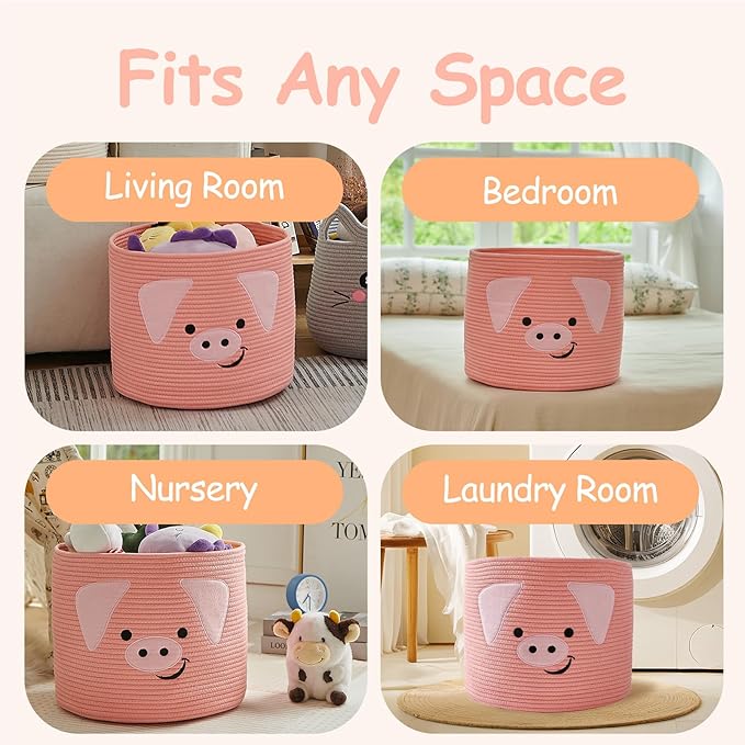 OMERAI Animal Baskets Cotton Rope Woven Storage Basket for Toys Blankets Laundry Nursery, Large Foldable Organizer with Cute Pig Design and Handles, 15"D x 12.6"H (Pink)