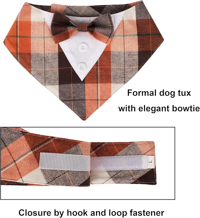 ADOGGYGO Fall Dog Tuxedo Bandana, Orange Plaid Pet Fall Collar with Bowtie, Adjustable Halloween Thanksgiving Costume for Medium Dogs (M)