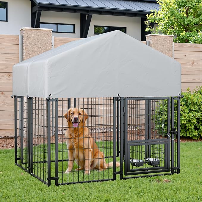 Greesum Large Outdoor Dog Kennel, Heavy Duty Welded Wire Steel Dog Playpen Fence with Secure Lock/UV-Resistant Waterproof Roof Cover/Rotaing Feeder Bowls, for Small/Medium/Large Dogs, L