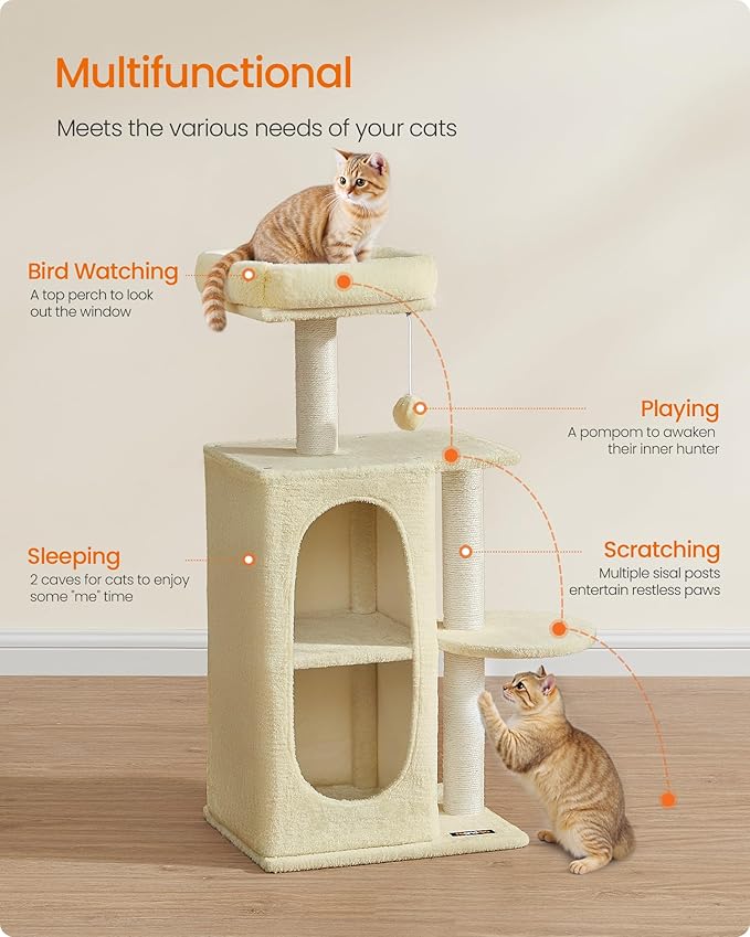 Feandrea Cat Tree, Small Cat Tower for Indoor Cats, Plush Cat Caves with Perch, Scratching Posts, for Small Spaces, Kittens, Sand Beige UPCT005Y01