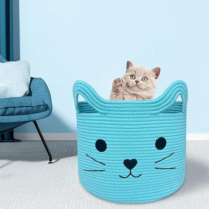 VK VK·LIVING Large Cat Toy Basket with Handles 15"Lx14"H Cotton Rope Toy Box with Cat Design, Cute Animal Basket for Laundry, Baby, Towels, Blankets, Woven Cotton Rope Storage Organizer Blue