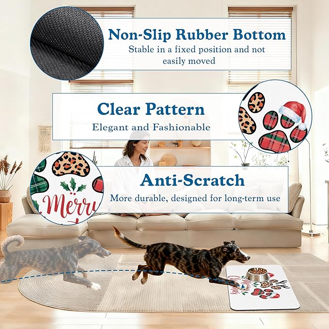 Dog Christmas Dog Food Mat–Absorbent Quick Dry Feeding Placemat for Food and Water Bowls, Non Slip Rubber Backing, Waterproof Pet Supplies for Mess-Free Eating 12"x20"