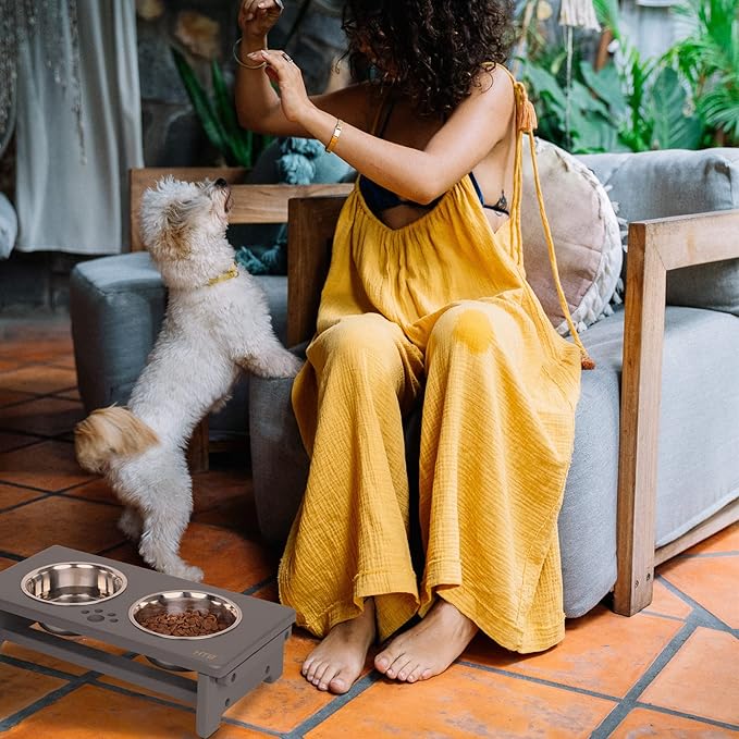 HTB Elevated Dog Bowls, Raised Dog Bowl Stand with 2 Stainless Steel Bowls, Elevated Raised Pets Bowls for Large Medium Small Sized Dogs- Grey Small
