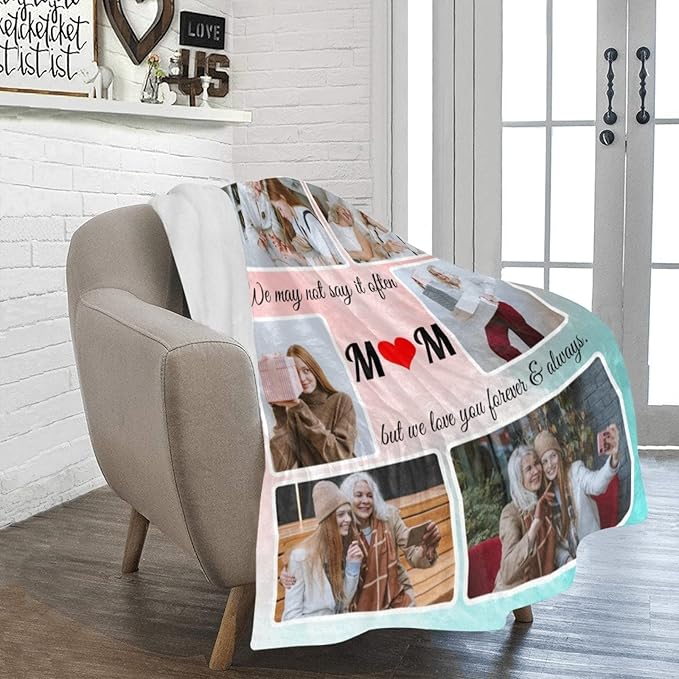 Gifts for Mom Custom Blanket with Photo, Personalized Make a Blankets with Picture for Mother's Day, Customized Memories Souvenir Throws for Best Mom Ever, 6 Collage Made in USA