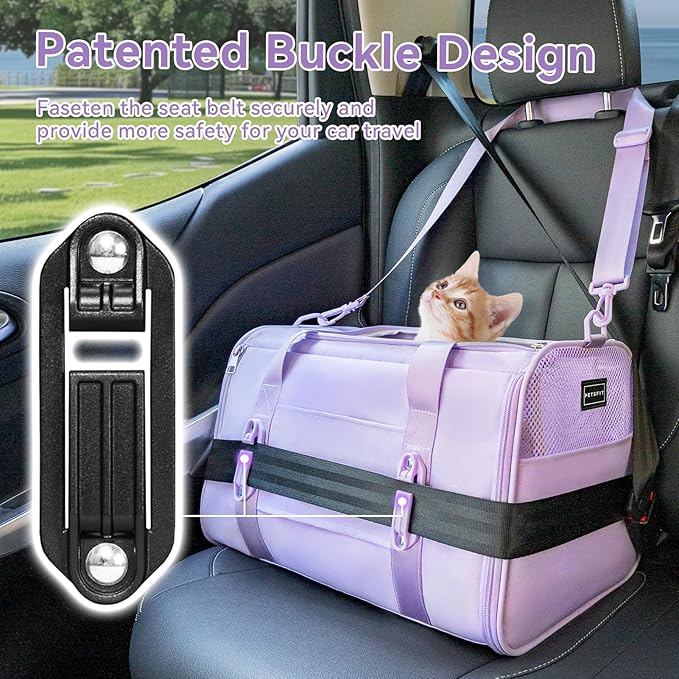 Petsfit 18 X 11 X 11 Airline Approved & Cat Car Carrier with Patent Safety Buckles, Escape-Proof Zippers & Mesh Side, Keeps Pets Secure in Cars, Comfy on Trips & Easy to Carry — Gift for Pet Lovers