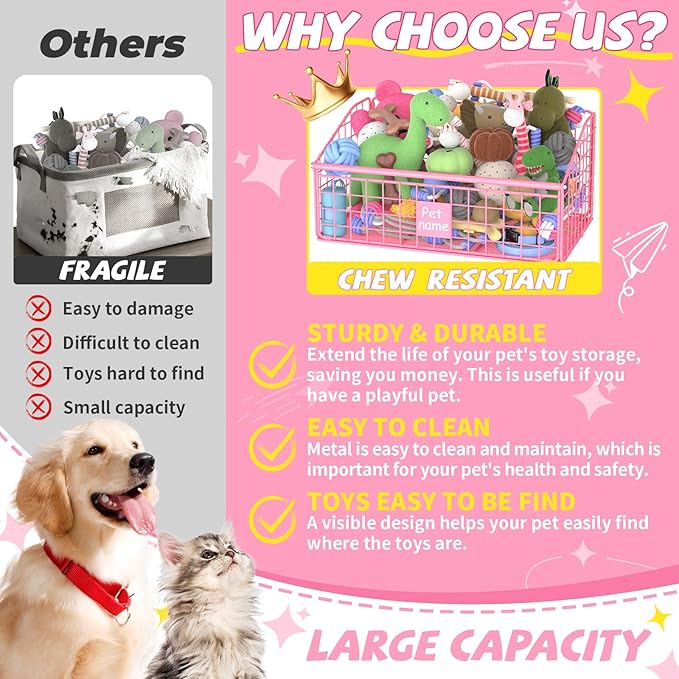 Indestructible Dog Toy basket, Medium Toy Box for Dogs,Pet Toy Bin Dog Metal Basket for Toys, Toy Storage Organizer, Living Room Area (Pink)