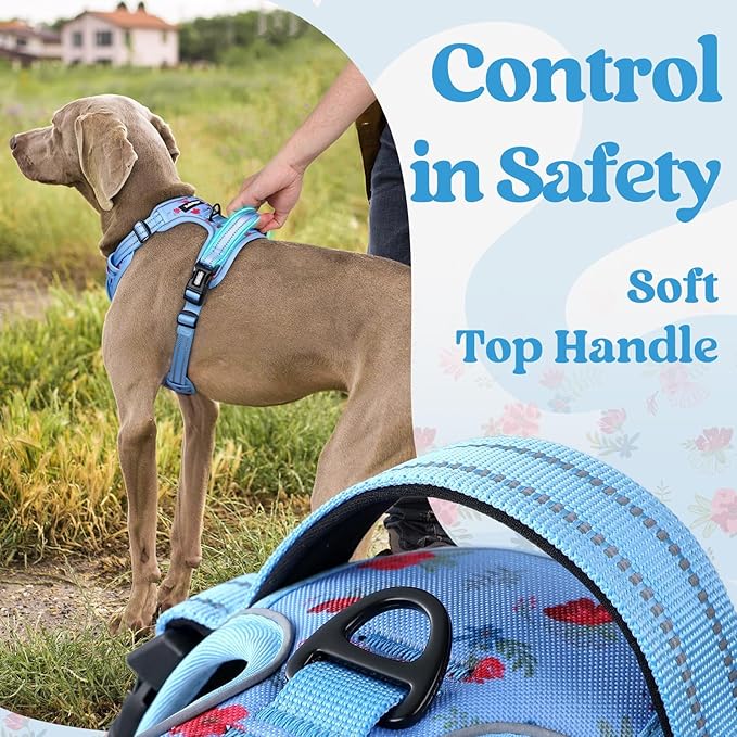 rabbitgoo Dog Harness for Large, No Pull Pet Harness with 3 Buckles, Adjustable Soft Padded Vest with Control Handle, Walking Reflective Pet Vest for Extra Large Dogs, Floral Blue, XL