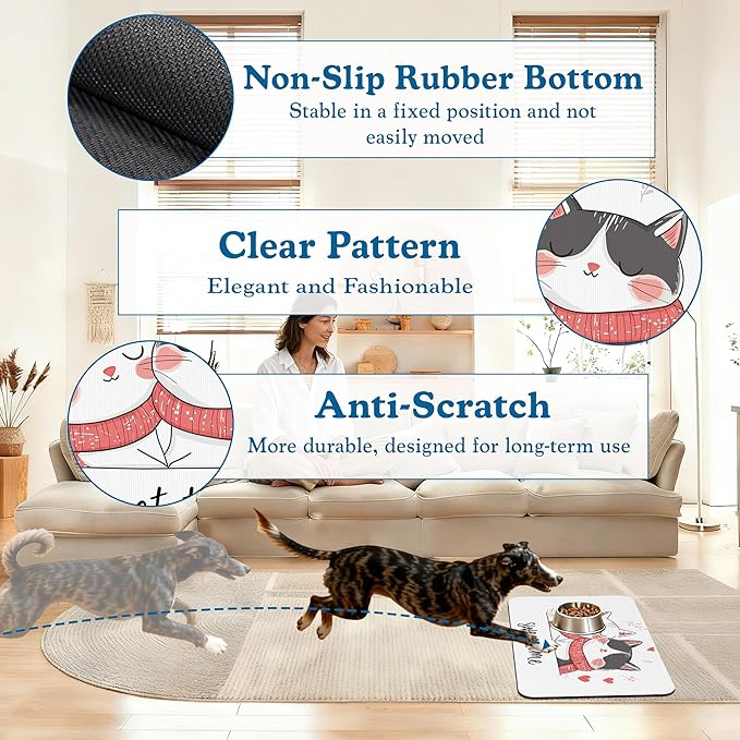 Sweet Cat Lovers Dog Cat Food Mat–Absorbent Waterproof Placemat for Food and Water Bowls, Non Slip Rubber Backing, Feeding Mat for Clean Floors 16"x24"