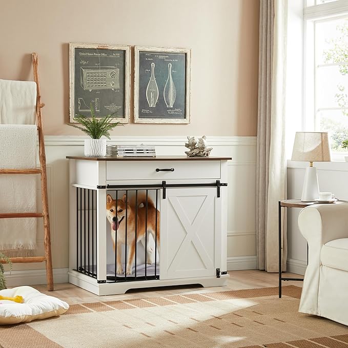 37.8" Dog Crate Furniture - Indoor Wooden Dog Kennel Furniture with Sliding Barn Door and Storage Drawer, White