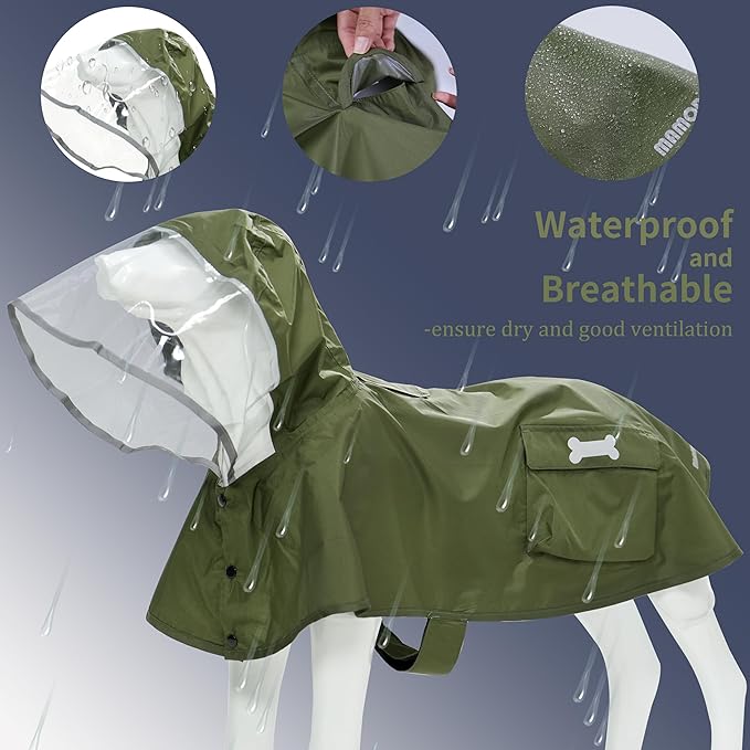 Waterproof Dog Raincoat, Adjustable Reflective Lightweight Pet Rain Clothes with Poncho Hood (Army Green, X-Large)