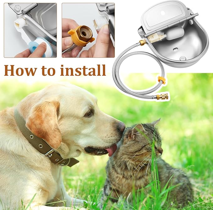 Tessco 4 Sets 4L/135oz Automatic Animal Drinking Water Trough Bowl with Float Valve Stainless Steel Waterer Kit for Dog Horse with Pipe Connector Adapter Countersunk Bolt (with Drainage Hole)
