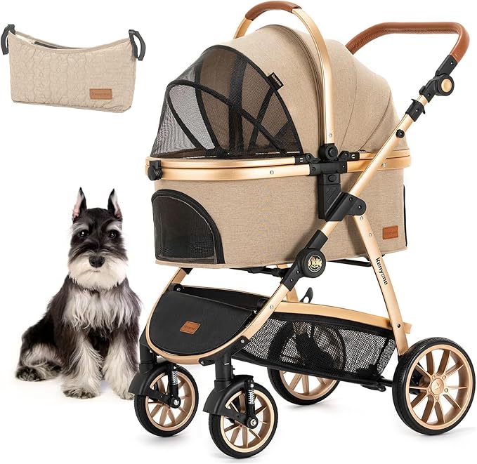 Kenyone Pet Stroller 3 in 1 for Medium Small Size Dogs Luxury Large Cat Stroller Detachable Carrier for Puppy, Kitty, Doggie (C510L Khaki)