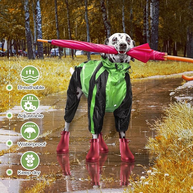 Dog Raincoat, Lightweight Rain Jacket, Adjustable 4 Legs Pet Poncho with Hood, Snow-Proof Dog Vest Rainwear, Rain Clothes Apparel with Leash Hole