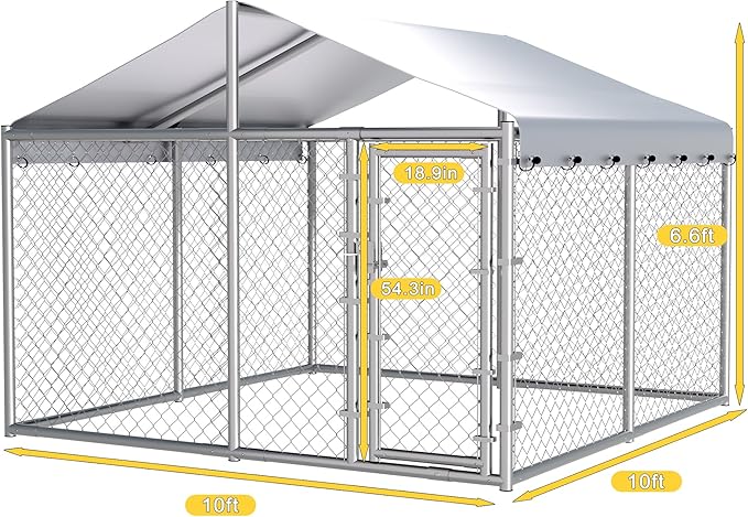 10x10ft Large Dog Kennel Outdoor, Heavy-Duty Outside Dog Kennel with Roof, Security Latch-Lock Door, Chain-Link Dog Enclosure Dog Run for Yard with Cover