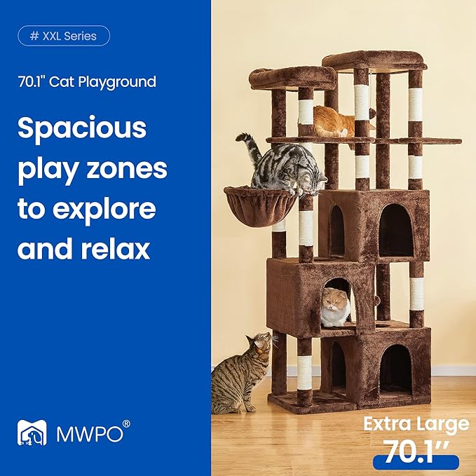 MWPO Extra Large Cat Tree - 70.1-Inch Tall Cat Tower with 3 Cat Condos, Multi-Level Cat Stand for Large Cats Featuring Scratching Posts, Padded Perches, Hammock, Dangling Toys, Brown