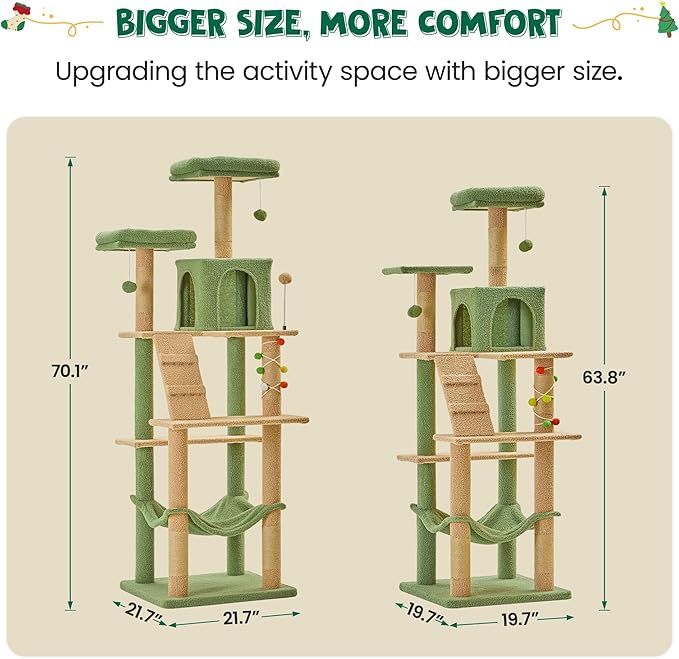 MWPO 70.1-Inch Green Large Cat Tree, Multi-Level Tall Cat Tower for Indoor Cats, Plush Cat Condo with Big Padded Perches, Sisal-Covered Scratching Posts, Hammock, Toys for Kittens & Cats
