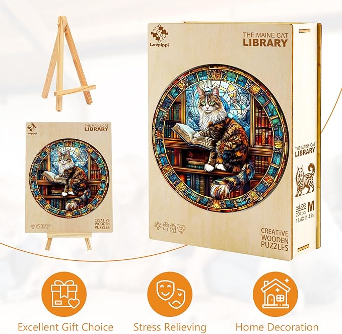 Wooden Puzzles for Adults, Wooden Jigsaw Puzzles for Adults Kids, The Maine Cat Library Unique Shaped Wood Puzzles Adult, Creative Birthday Gifts for Friends Family Game (11.4 * 11.4in 200pcs)
