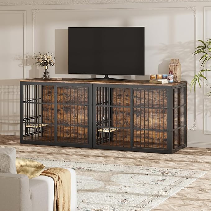 Lyromix 48'' XXL Dog Crate Furniture with Rotating Feeder, Large Wooden Crate End Table, Heavy Duty Indoor Kennel Cage for Medium to Large Dogs, Brown