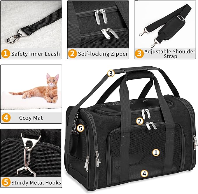 Soft-Sided Cat/Dog/Pet Carrier, Collapsible Pets Travel Carriers for Big Cats/Small Dogs with Shoulder Strap & Removable Mat, Mesh Puppy Carry Bag, Up to 16 Lbs, TSA Airline Approved(Black)