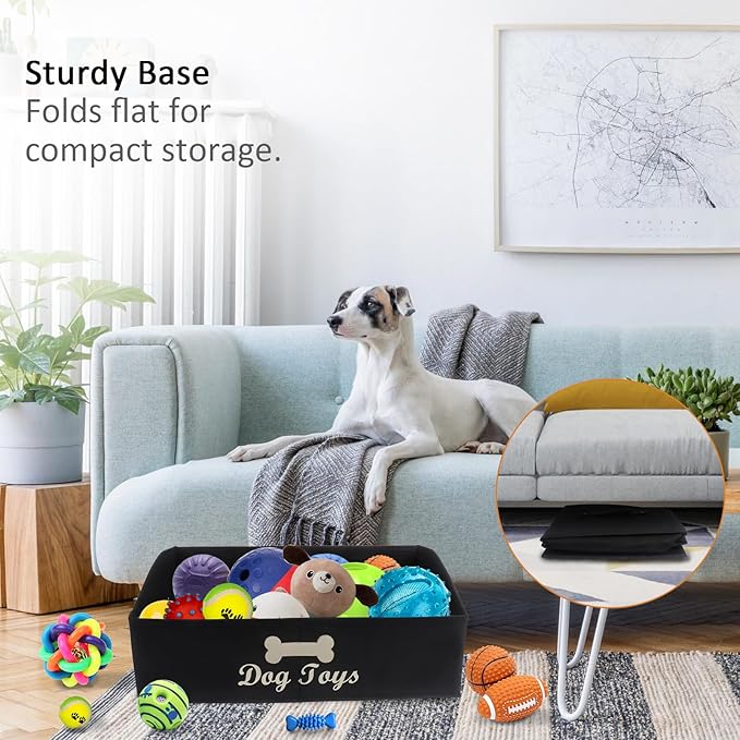 Collapsible Dog Toy Box - Fabric Storage for Toys/Blankets/Leashes - Personalizable - Black