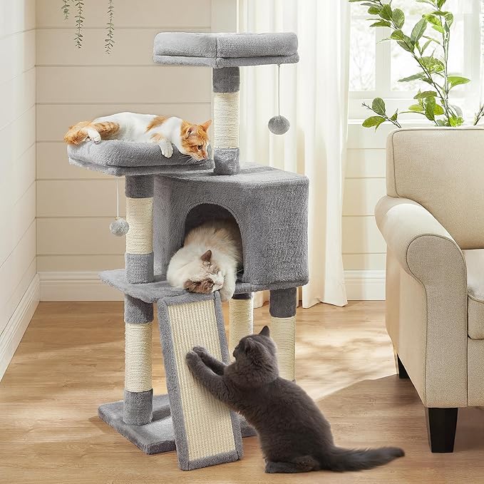 Feandrea Cat Tower, Cat Tree for Indoor Cats, 45.3-Inch Cat Condo with Scratching Post, Ramp, Perch, Spacious Cat Cave, for Kittens, Elderly Cats, Adult Cats, Small Space, Light Gray UPCT141W01