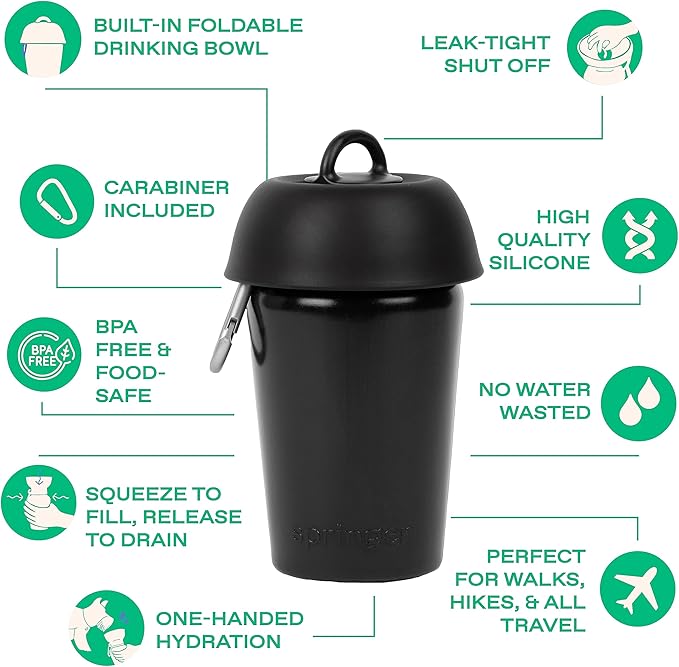 Springer by Springland Flip Portable Dog Water Bottle with Foldable Food Grade Silicone Bowl - 20 Ounce Travel Dog Water Bottle Ideal for Camping - Easy Squeeze Hydration & Release to Drain