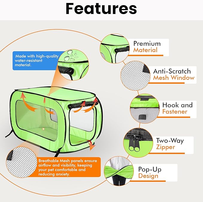 Beatrice Home Fashions Portable, Collapsible, Pop Up Kennel Travel Cat and Dog Crate, 24" L x 16.6" W x 16" H, Green