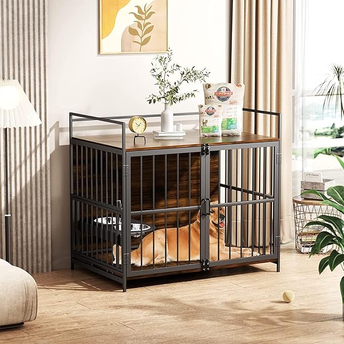 ROOMTEC Furniture Style Large Dog Crate with 360° & Adjustable Raised Feeder for Dogs 2 Stainless Steel Bowls -End Table House Pad, Indoor Use,41" L X 24" W 36" H, Classic Brown