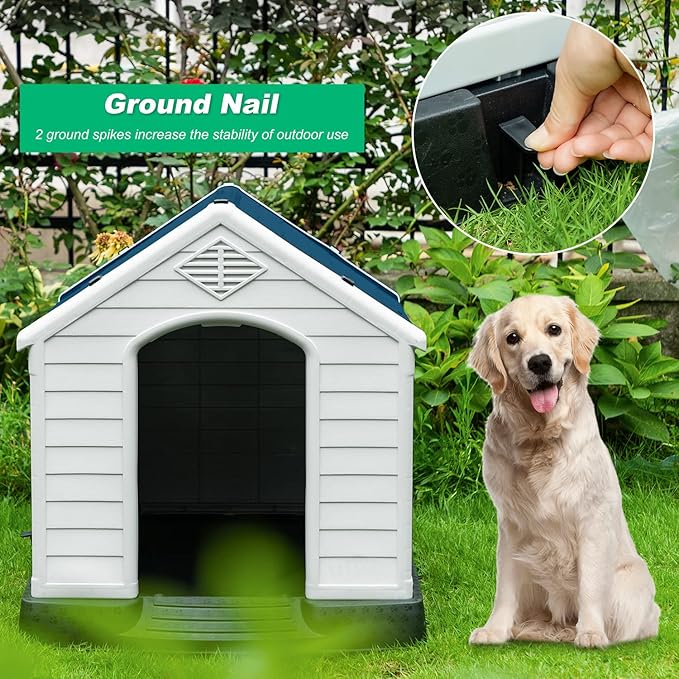 FDW Dog House Indoor Outdoor Durable Ventilate Waterproof Pet Plastic Dog House for Small Medium Large Dogs Insulated Puppy Shelter Kennel Crate with Air Vents and Elevated Floor