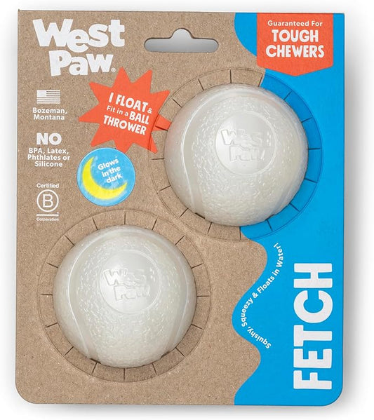 WEST PAW Boundr Ball Dog Fetch Toy – Bouncing Toys for Dogs, Fetch, Catch, Chewing, Play – Floatable, Recyclable Balls – Small Glow 2-Pack