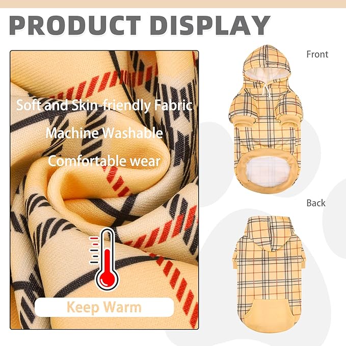 KOOLTAIL Plaid Dog Hoodie for Small Medium Large Dogs,Pet Clothes Sweater with Hat and Pocket for Cold Weather Winter, Soft&Warm Doggy Hooded Sweatshirt Coat Outfit for Puppy Cats Girls Boys Beige M