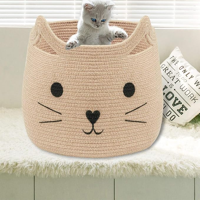VK VK·LIVING Animal Baskets Large Woven Cotton Rope Storage with Cute Cat Design Laundry Organizer for Towels, Blanket, Toys, Clothes, Gifts – Cat Toy Box Pet or Baby Gift Baskets 15"Lx14H"