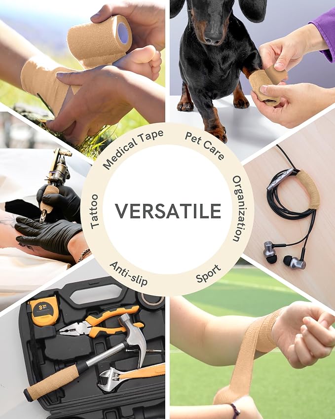 FriCARE Self Adhesive Bandage Wrap, Medical Tape in First Aid Kit, Cohesive Bandages for Wounds Sport Vet, 2 Inches X 5 Yards 6 Rolls, Tan