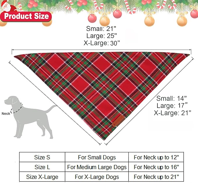 ADOGGYGO Christmas Dog Bandanas 2 Pack, Premium Cotton Fabric, Red Green Plaid Xmas Pet Scarf, Christmas Bandanas for Medium Large Dogs (Large)