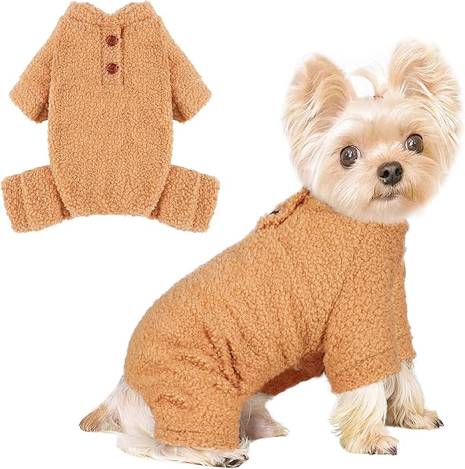 Dog Sweaters for Small Dogs Winter Dog Pajamas Sized Dogs Boy Girl Fleece Pet Clothes Puppy Outfit 4 Legs Jumpsuits for Chihuahua Yorkie Cat Apparel (Khaki, XX-Small)