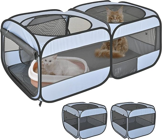 2-in-1 Pop Up Cat Playpen, Detachable into 2 Separate Pens with Additional Doors, Assembly-Free Portable Dog Crates Pet Pen Tent Kennel Kitten Puppy Enclosure Cage Indoor Outdoor Foldable Condo(M)