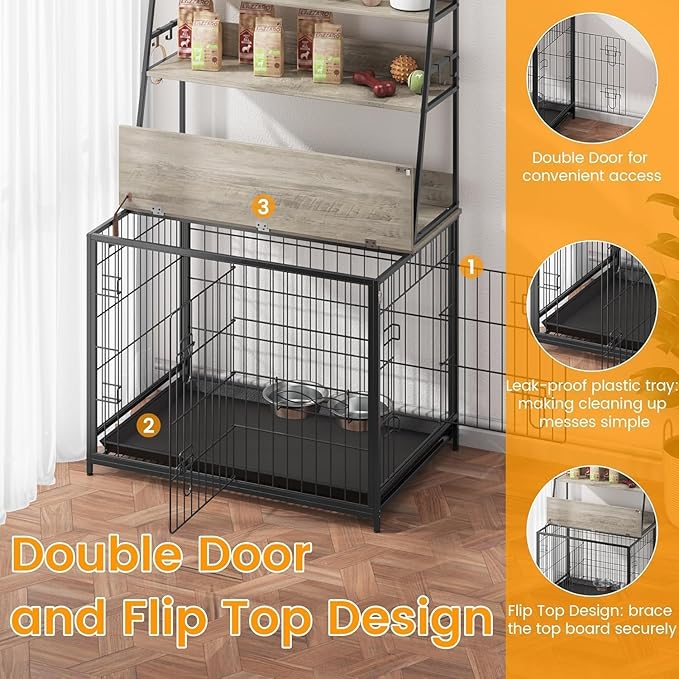 57 Inch Dog Crate Furniture with Storage - Large Dog Cage with Double Door,Dog House Kennel Indoor with Two 7" Dog Bowls,37.4"×24.4"×57.1",Grey