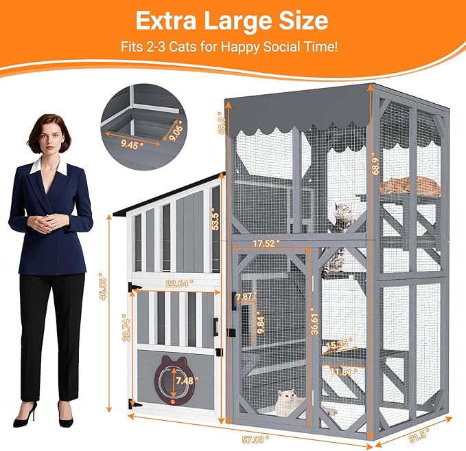 3 Tiers Catio 69" H Outdoor Cat Enclosures, Large Cat House Feral Cats Shelter with Weathproof Roof, Window Access, Unique Adjustable Two-Way Access Hole Design for Cats Outside and Inside