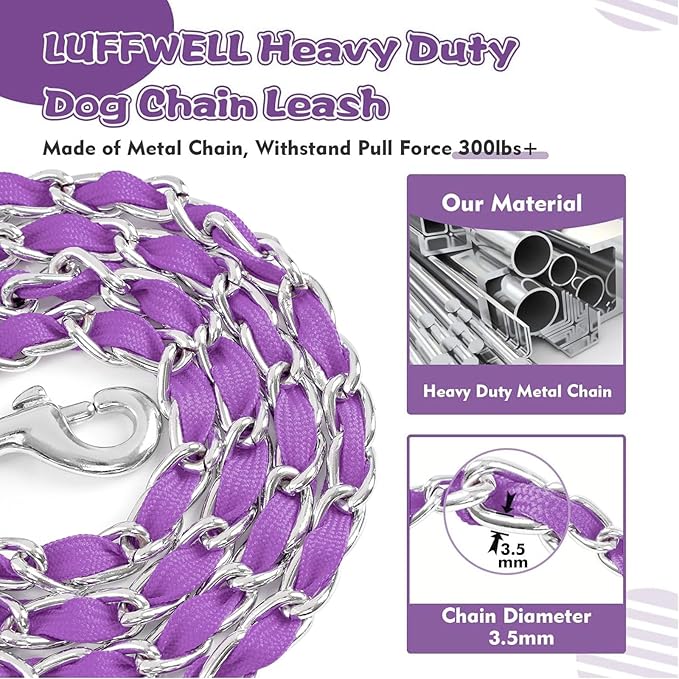 Heavy Duty Metal Dog Chain Leash with Comfortable PU Leather Padded Handle, Chew Proof, 4ft 3.5mm Purple