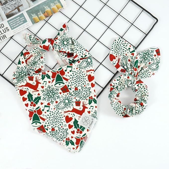 E-Clover Christmas Dog Bandanas & Matching Scrunchie Set White Green Red Dog Scarf Bibs Pet Bandana with Bow Tie for Medium Large Dogs Owner Mom Winter
