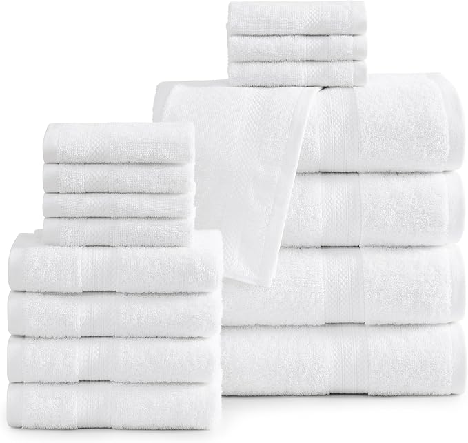 LANE LINEN 100% Mercerized Cotton Luxury Bathroom Towel Set - 16 Pcs - Super Soft, Fluffy & Highly Absorbent - 4 Bath Towels, 8 Washcloths, 4 Hand Towels - Complete Family Pack - White Bath Towel Set