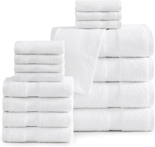LANE LINEN 100% Mercerized Cotton Luxury Bathroom Towel Set - 16 Pcs - Super Soft, Fluffy & Highly Absorbent - 4 Bath Towels, 8 Washcloths, 4 Hand Towels - Complete Family Pack - White Bath Towel Set