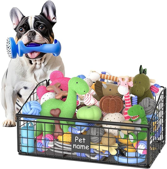 Indestructible Dog Toy basket, Medium Toy Box for Dogs,Pet Toy Bin Dog Metal Basket for Toys, Toy Storage Organizer, Toy Box for Living Room Area (Black)